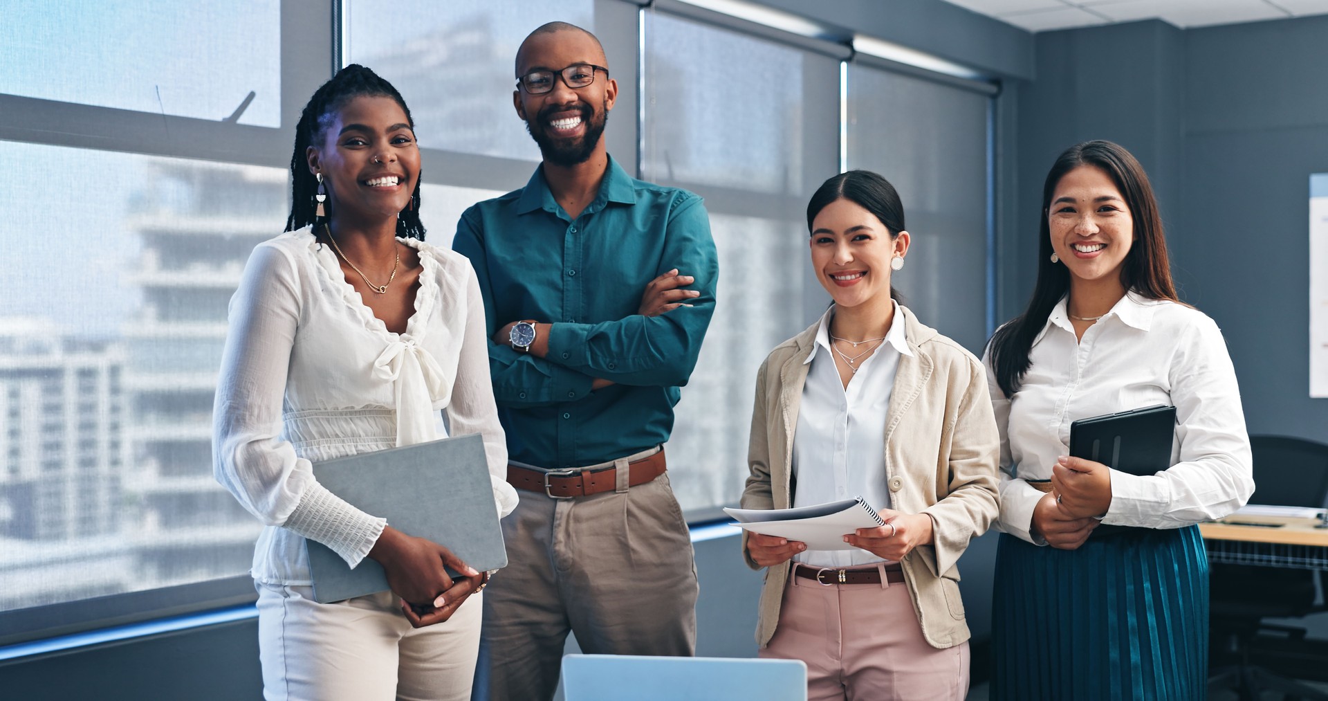 Happy, office and coworkers or confident, business meeting for growth and training development for lawyers. Technology, notebooks and learning with company employee, conference for corporate team